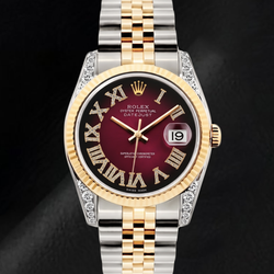 Montre Rolex Datejust 36 mm 16013 Bicolore Cadran Diamants Rouge Chiffres Romains