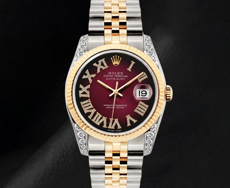 Montre Rolex Datejust 36 mm 16013 Bicolore Cadran Diamants Rouge Chiffres Romains