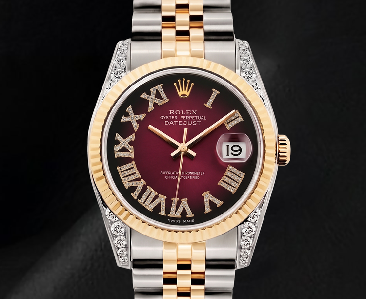 Montre Rolex Datejust 36 mm 16013 Bicolore Cadran Diamants Rouge Chiffres Romains