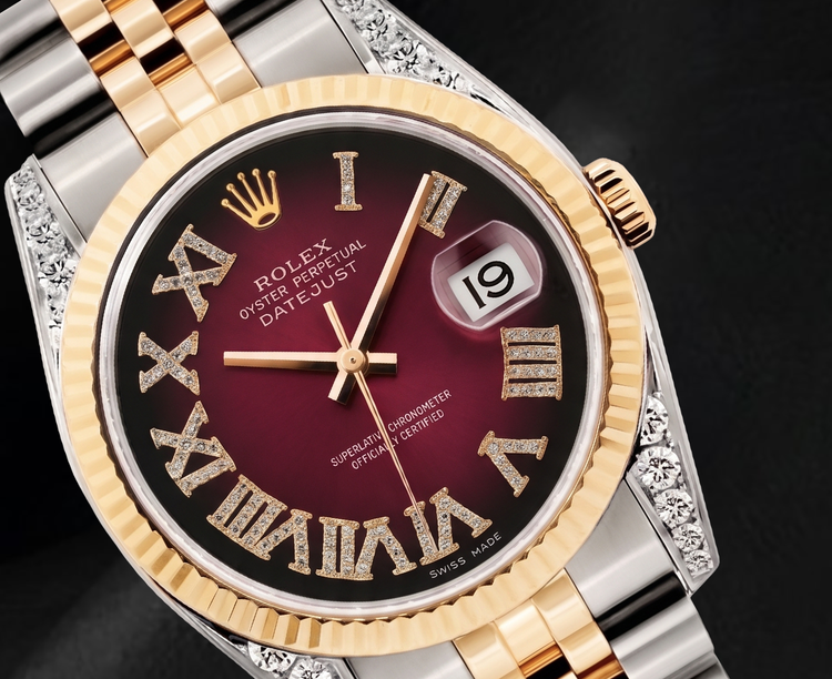 Montre Rolex Datejust 36 mm 16013 Bicolore Cadran Diamants Rouge Chiffres Romains
