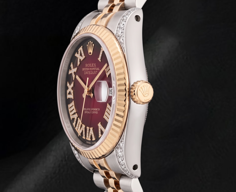 Montre Rolex Datejust 36 mm 16013 Bicolore Cadran Diamants Rouge Chiffres Romains