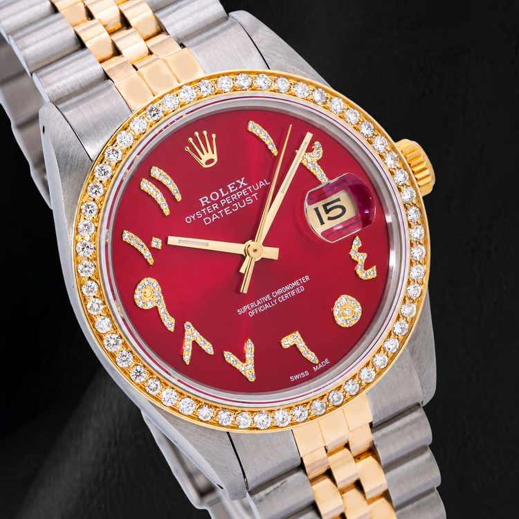 Montre Rolex Datejust 36 mm 16013 Bicolore Cadran Diamants Rouge Chiffres Arabes