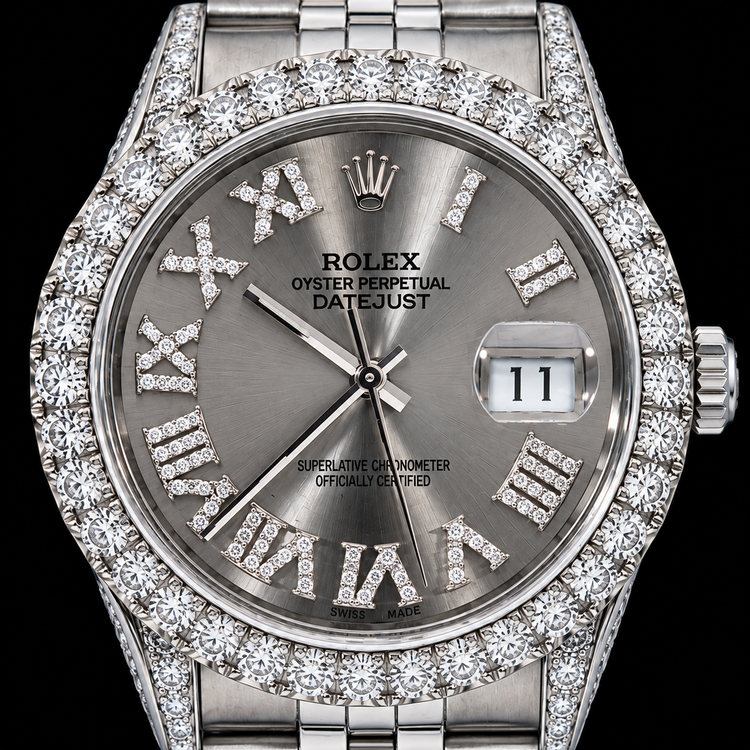 Montre Rolex Datejust 16014 36 mm en Acier Inoxydable Cadran Diamants Argenté Chiffres Romains