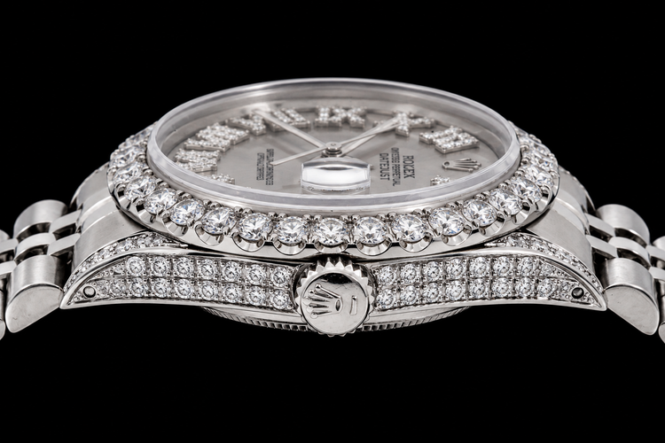 Montre Rolex Datejust 16014 36 mm en Acier Inoxydable Cadran Diamants Argenté Chiffres Romains