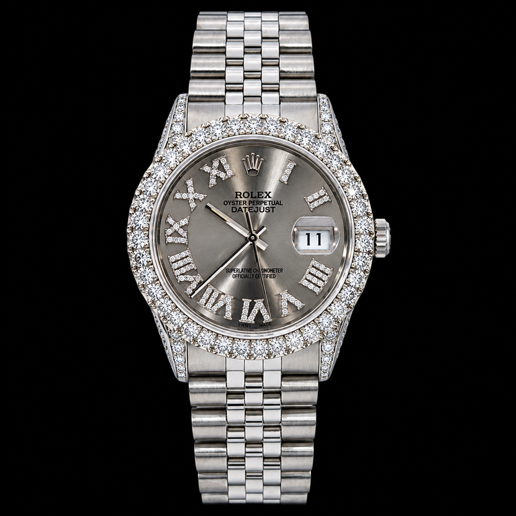 Montre Rolex Datejust 16014 36 mm en Acier Inoxydable Cadran Diamants Argenté Chiffres Romains