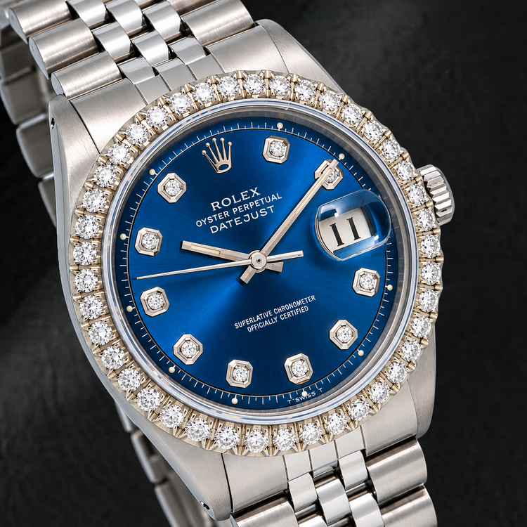Montre Rolex Datejust 36 mm 1601 Cadran Bleu Diamants Acier Inoxydable Bracelet Jubilé