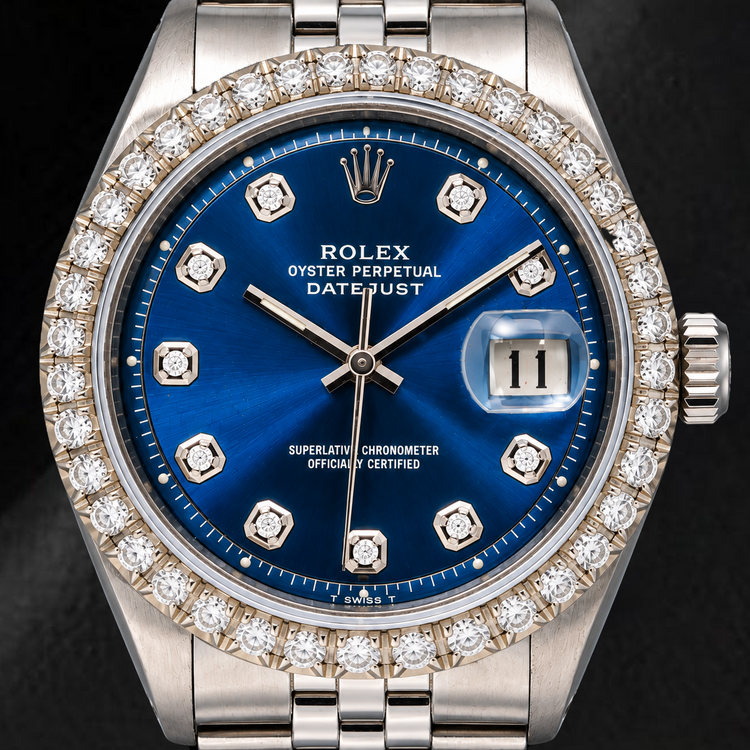 Montre Rolex Datejust 36 mm 1601 Cadran Bleu Diamants Acier Inoxydable Bracelet Jubilé
