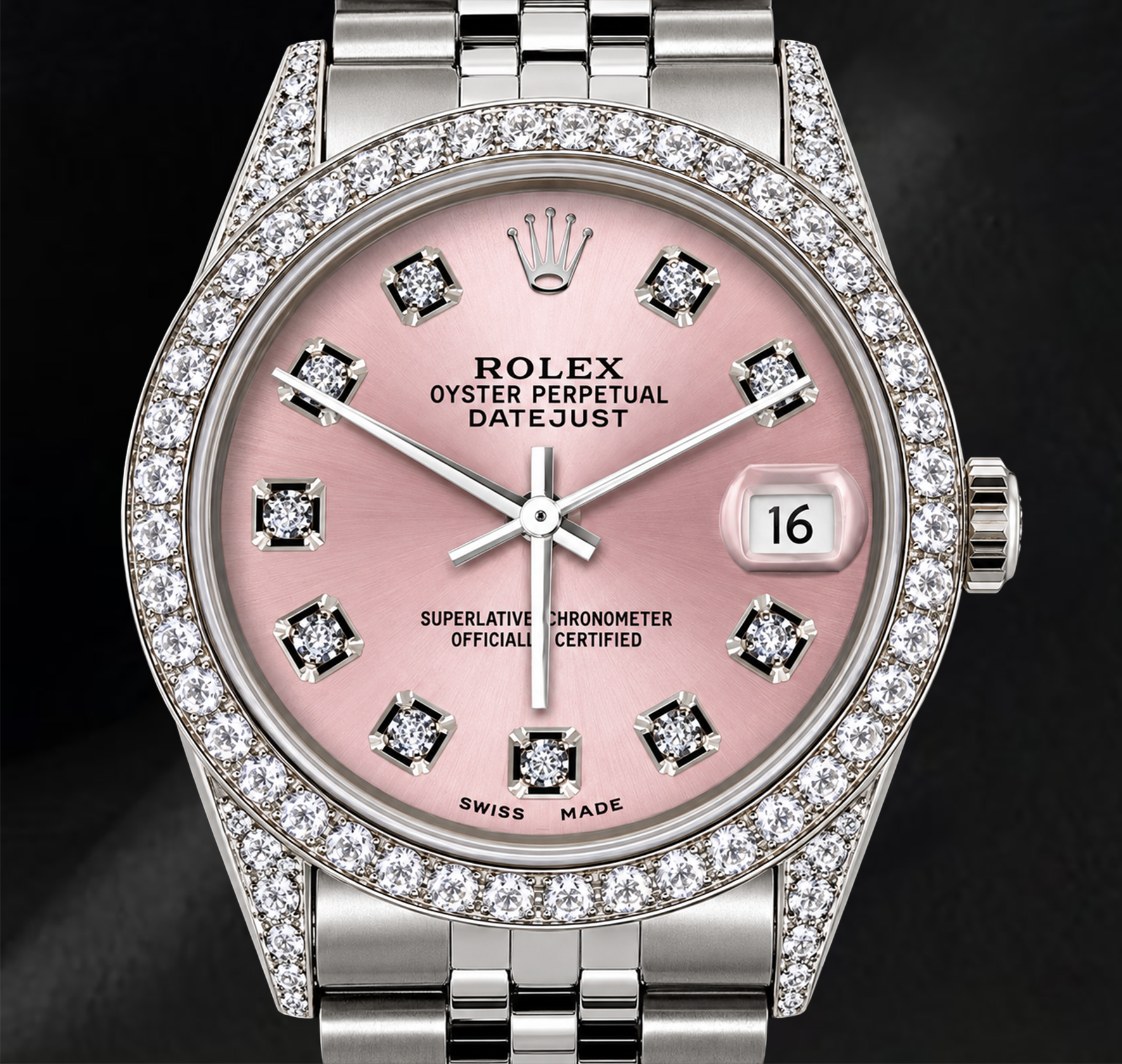 Montre Rolex Datejust 36 mm 16200 Cadran Diamants Rose Lunette Diamants Acier Inoxydable