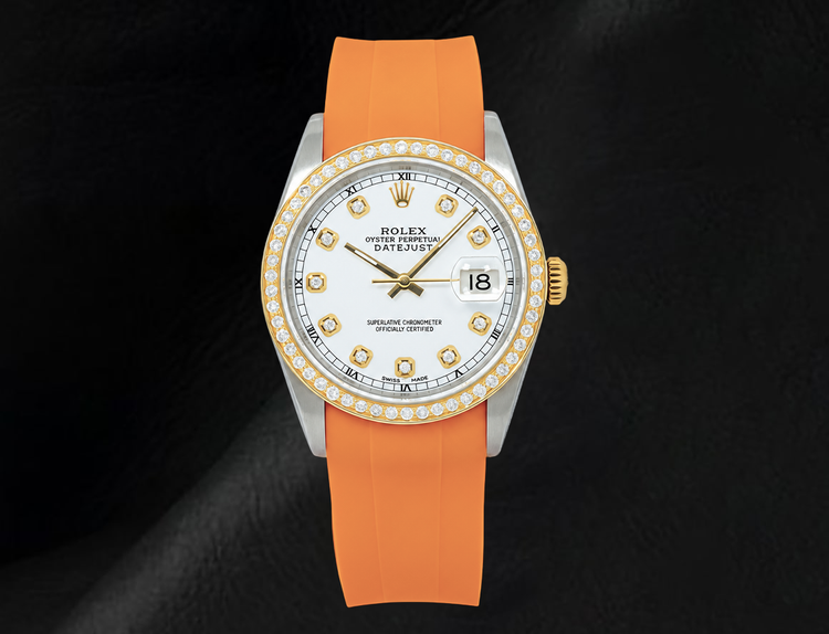 Montre Rolex Datejust 16013 36 mm Cadran Diamants Blanc Bracelet en Caoutchouc Orange