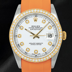 Montre Rolex Datejust 16013 36 mm Cadran Diamants Blanc Bracelet en Caoutchouc Orange