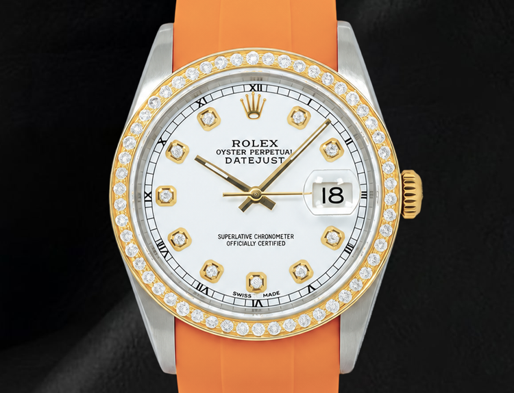 Montre Rolex Datejust 16013 36 mm Cadran Blanc Diamants Bracelet en Caoutchouc Orange
