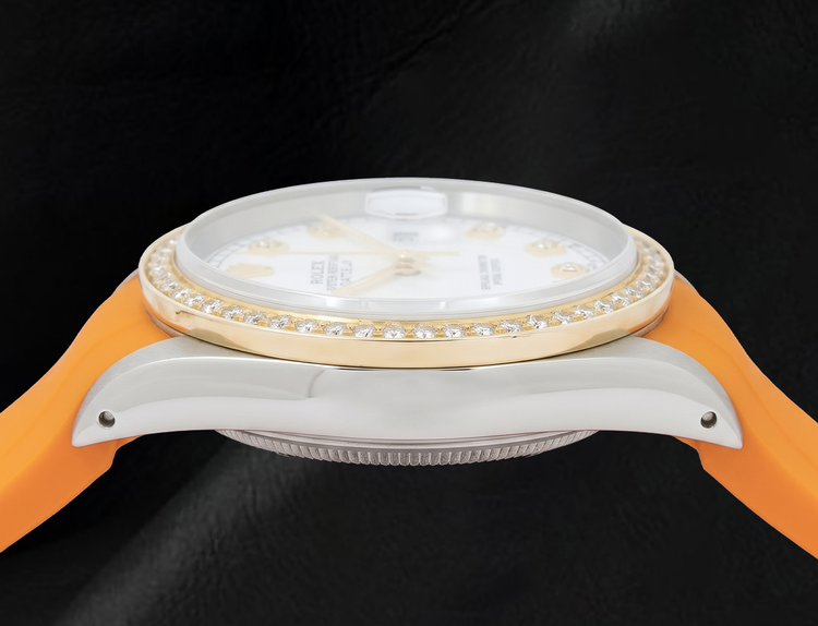 Montre Rolex Datejust 16013 36 mm Cadran Blanc Diamants Bracelet en Caoutchouc Orange