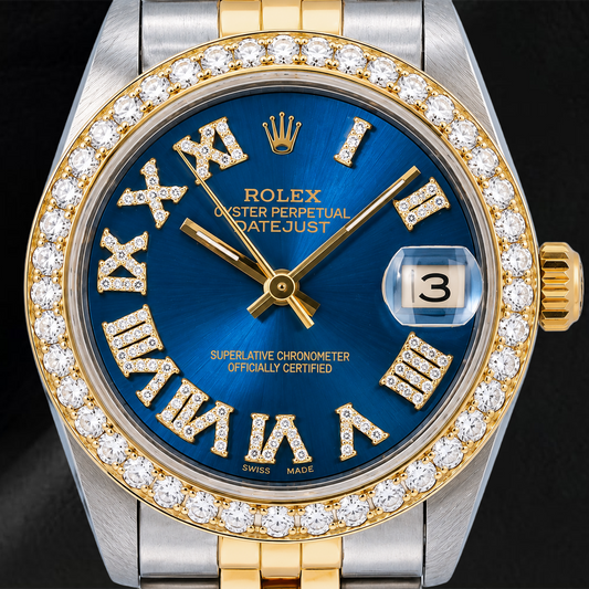 Montre Rolex Datejust 6824 31 mm Bicolore Cadran Diamants Bleu Chiffres Romains Bracelet Jubilé