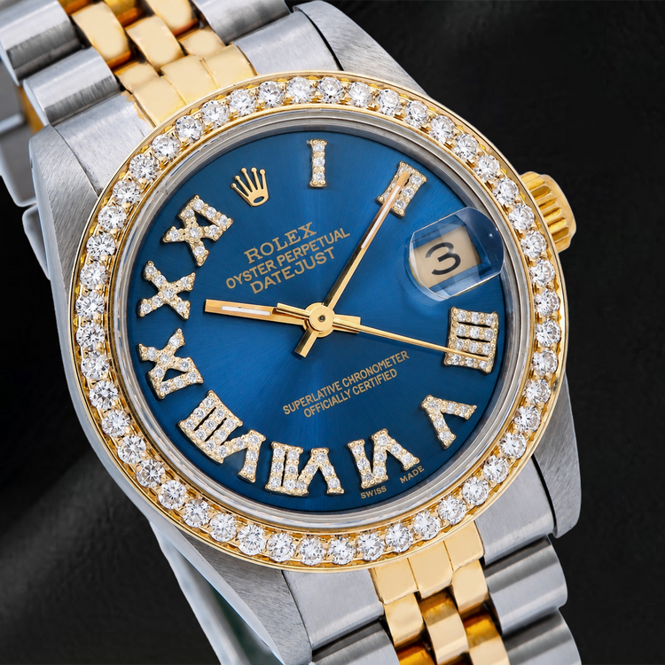 Montre Rolex Datejust 6824 31 mm Bicolore Cadran Diamants Bleu Chiffres Romains Bracelet Jubilé