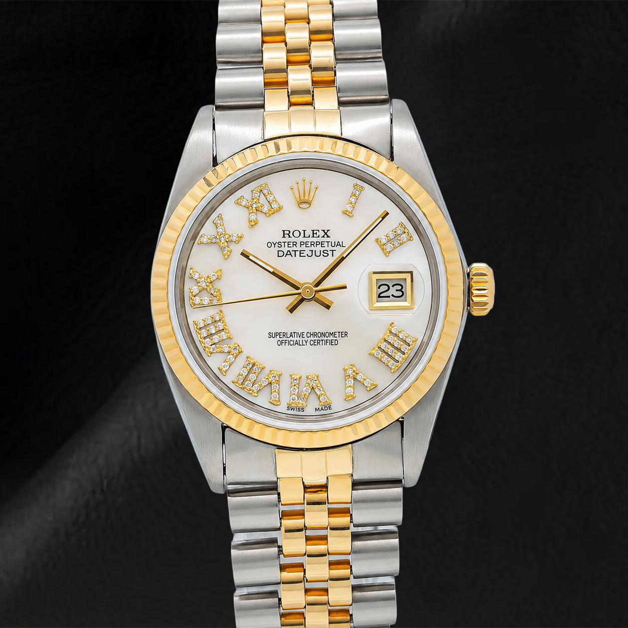 Montre Rolex Datejust 6824 31 mm Cadran Diamants en Nacre Blanche Chiffres Romains Bicolore Bracelet Jubilé