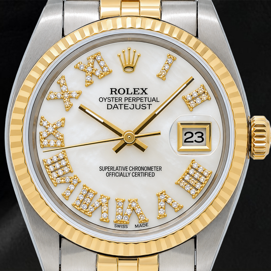 Montre Rolex Datejust 6824 31 mm Cadran Diamants en Nacre Blanche Chiffres Romains Bicolore Bracelet Jubilé