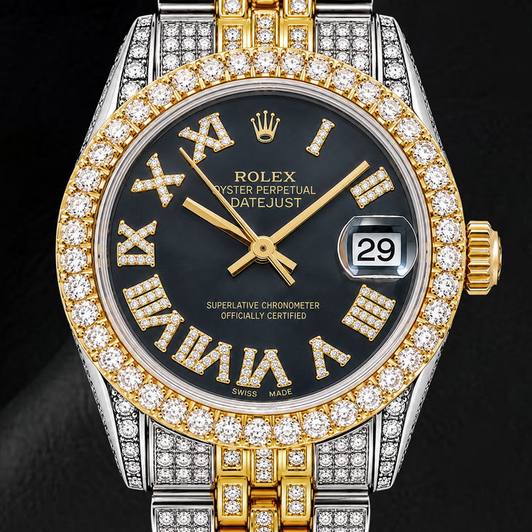 Montre Rolex Datejust 68273 31 mm Bicolore Cadran Diamants Noir Chiffres Romains