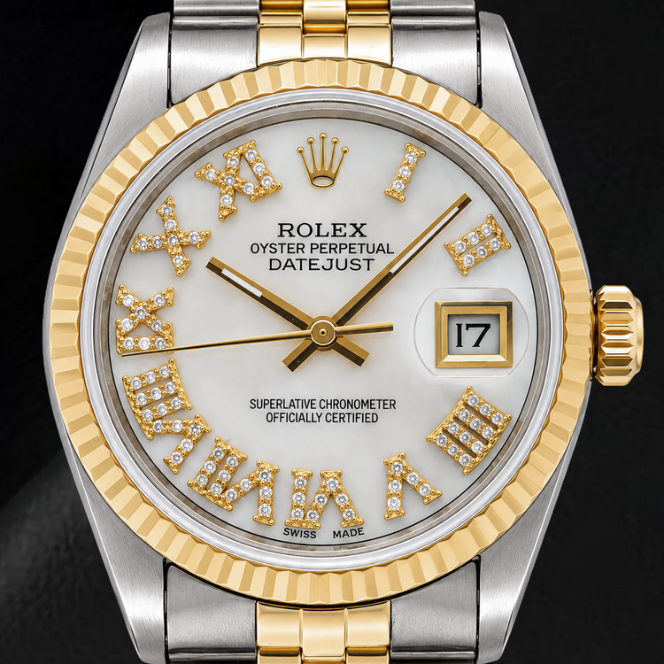 Rolex Datejust 68273 31 mm Montre Bicolore Cadran Diamants Nacre Blanche Chiffres Romains