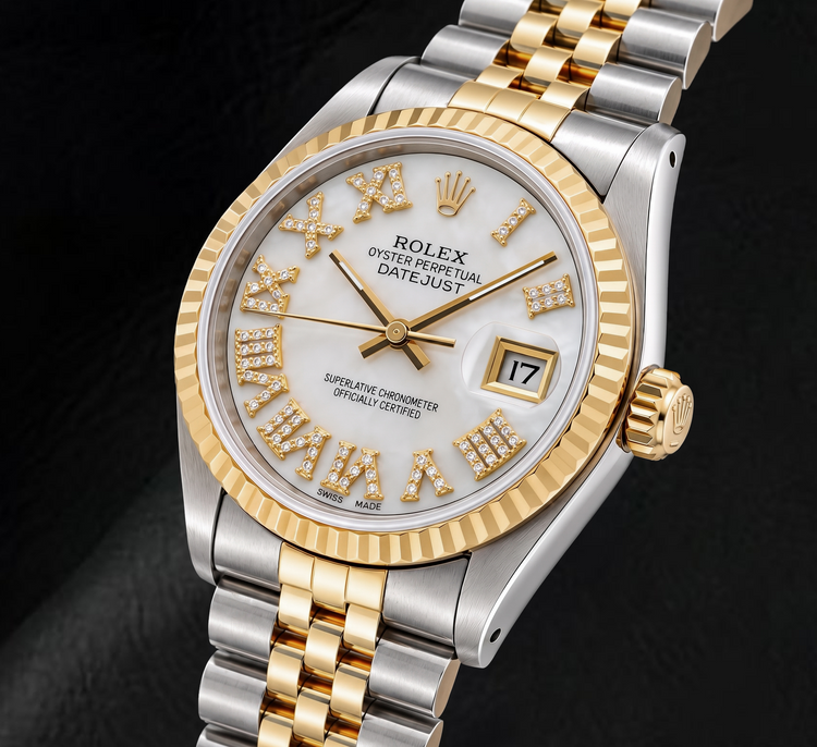 Rolex Datejust 68273 31 mm Montre Bicolore Cadran Diamants Nacre Blanche Chiffres Romains