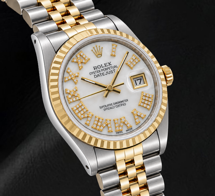 Rolex Datejust 68273 31 mm Montre Bicolore Cadran Diamants Nacre Blanche Chiffres Romains