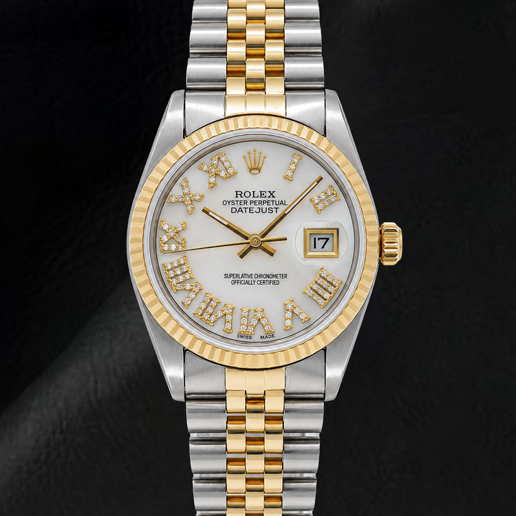 Rolex Datejust 68273 31 mm Montre Bicolore Cadran Diamants Nacre Blanche Chiffres Romains
