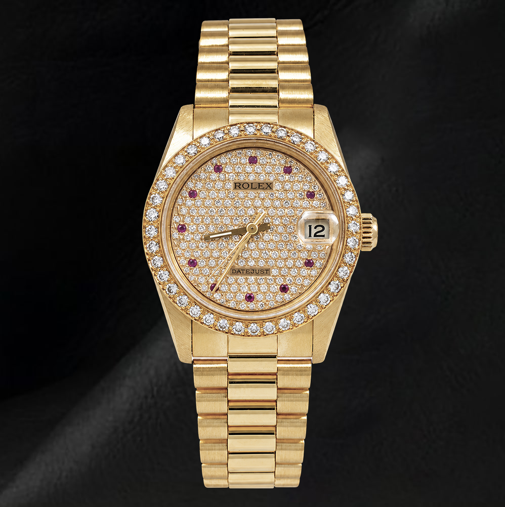 Montre Rolex Datejust 68278 31 mm Cadran Pavé de Diamants Bracelet President en Or 18 Carats