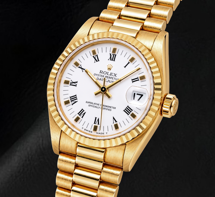 Montre Rolex Datejust 68278 31 mm en Or Jaune Cadran Blanc Chiffres Romains