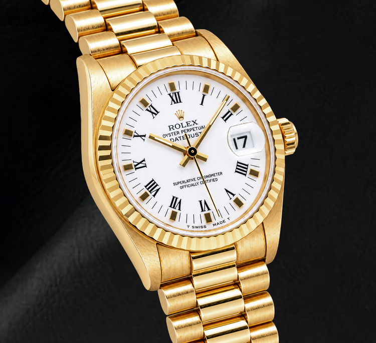 Montre Rolex Datejust 68278 31 mm en Or Jaune Cadran Blanc Chiffres Romains
