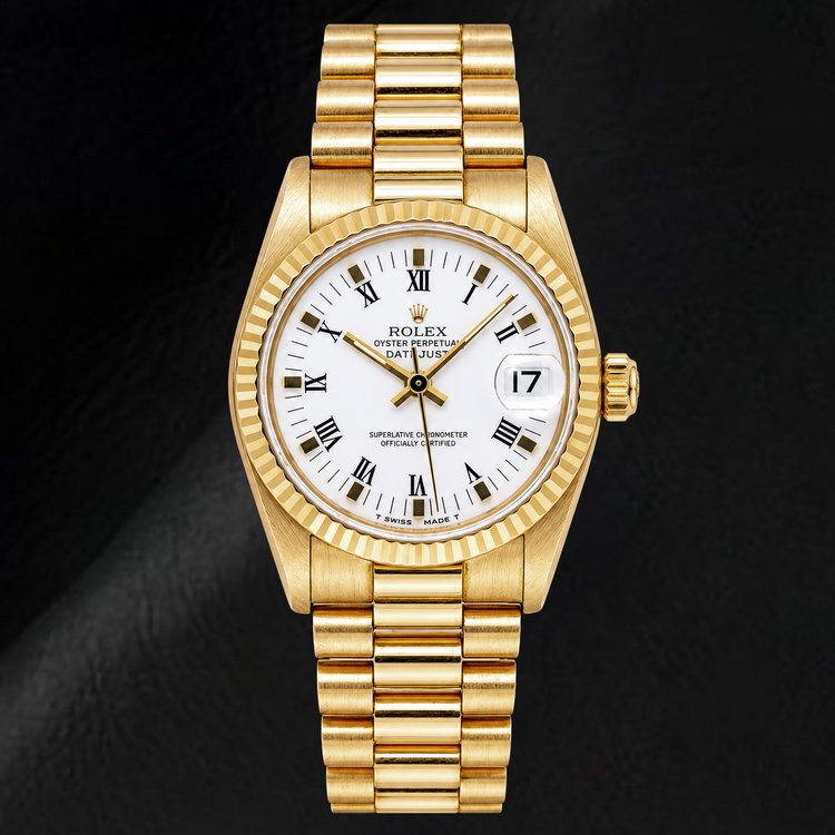 Montre Rolex Datejust 68278 31 mm en Or Jaune Cadran Blanc Chiffres Romains