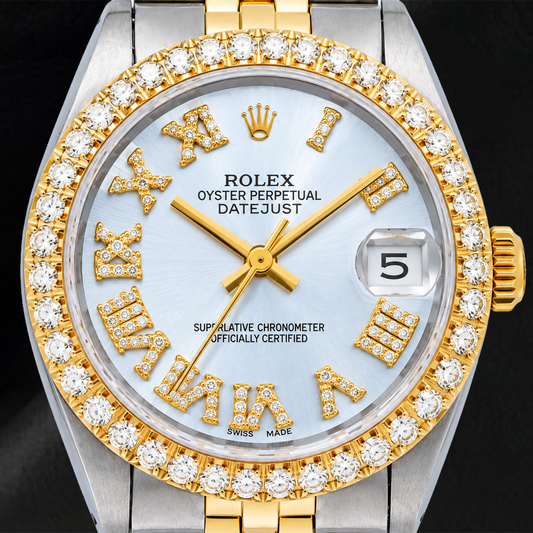 Montre Rolex Datejust 6827 31 mm Cadran Bleu Chiffres Romains Diamants Bicolore Bracelet Jubilé