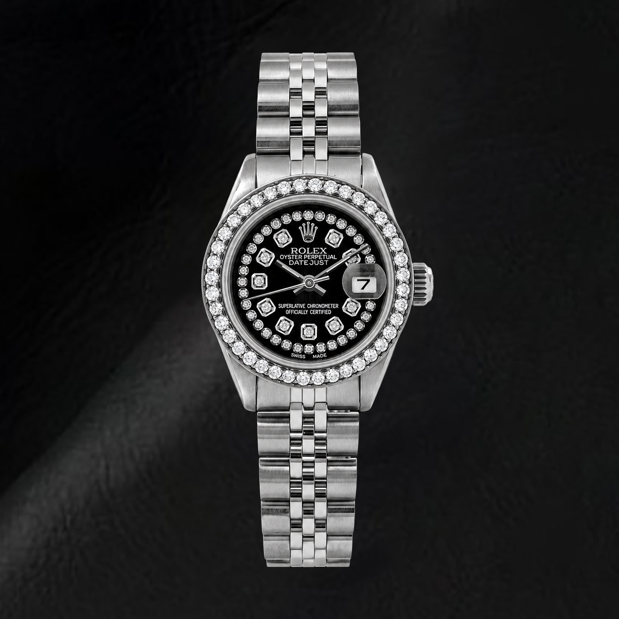 Montre Rolex Datejust 6916 26 mm en Acier Inoxydable avec Cadran Diamants Noir et Rivière de Diamants