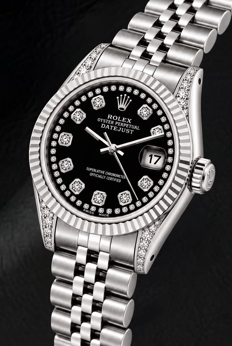 Montre Rolex Datejust 6916 26 mm en Acier Inoxydable Cadran Diamants Noir en Filet