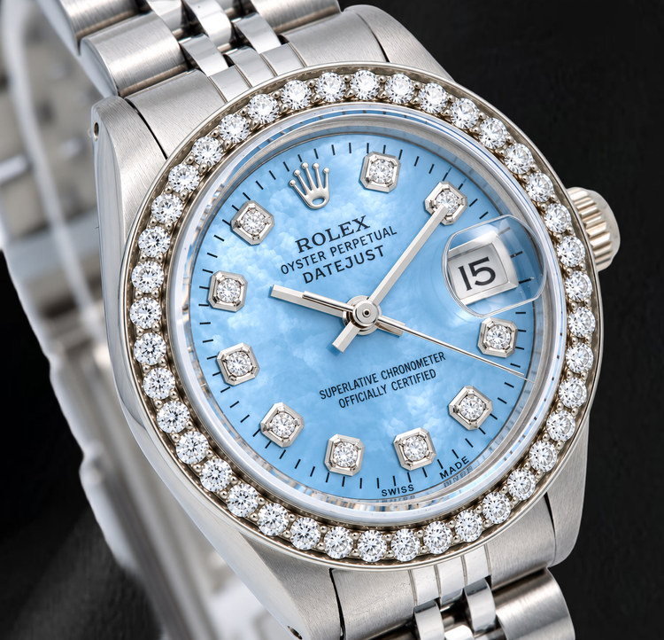 Montre Rolex Datejust 6916 26 mm Cadran Diamants en Nacre Bleue Bracelet Jubilé en Acier Inoxydable
