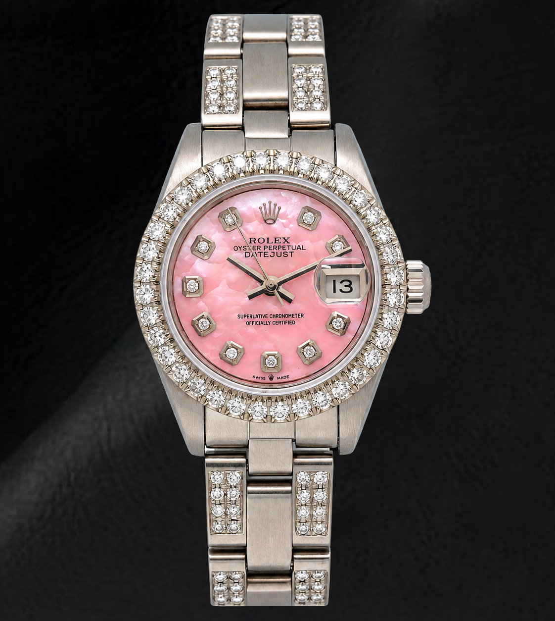 Montre Rolex Datejust 6916 26 mm Cadran Diamants en Nacre Rose Acier Inoxydable Bracelet Oyster Semi-Pavé de Diamants