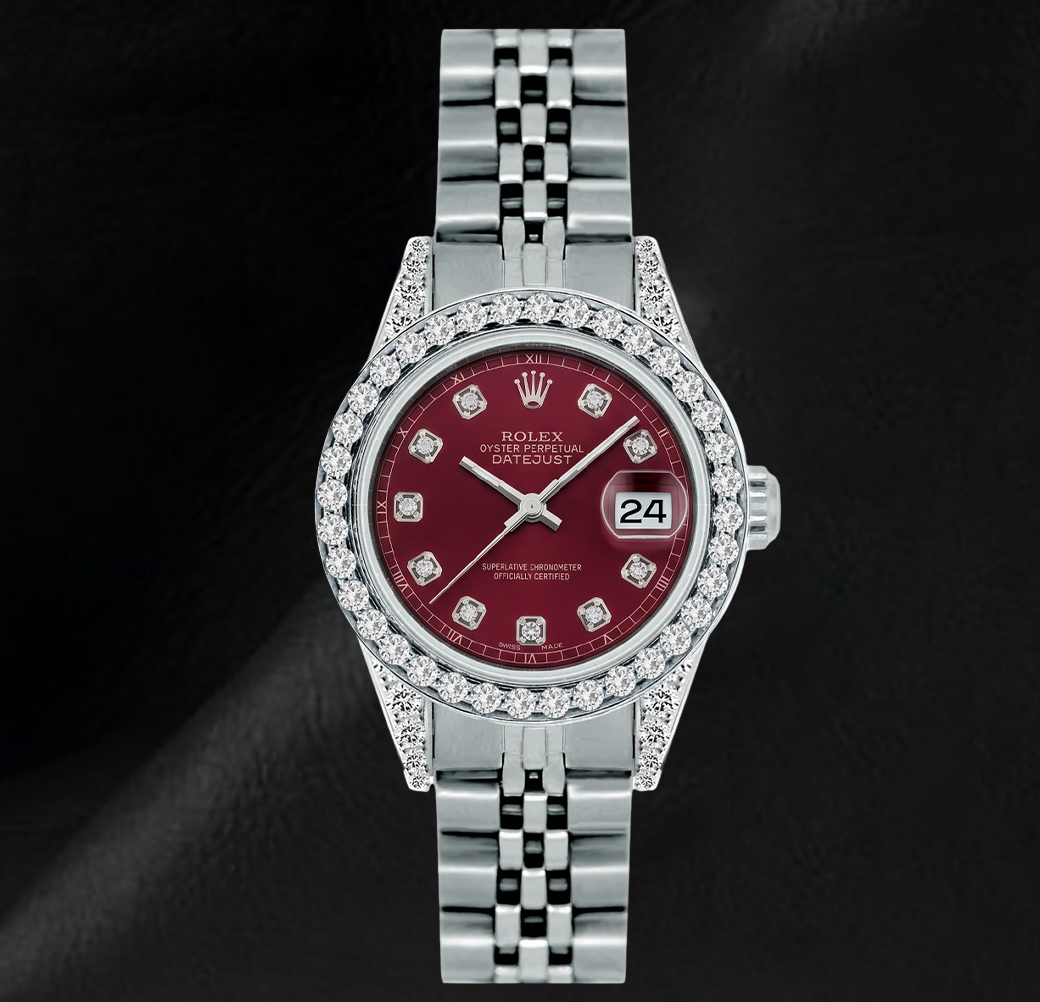 Rolex Datejust 6916 26 mm Montre en Acier Inoxydable Cadran Diamants Rouge Lunette Diamants