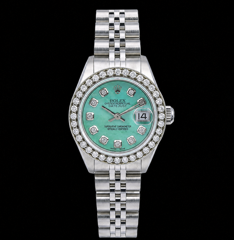 Montre Rolex Datejust 6916 26 mm en Acier Inoxydable Cadran Diamants Nacre Turquoise