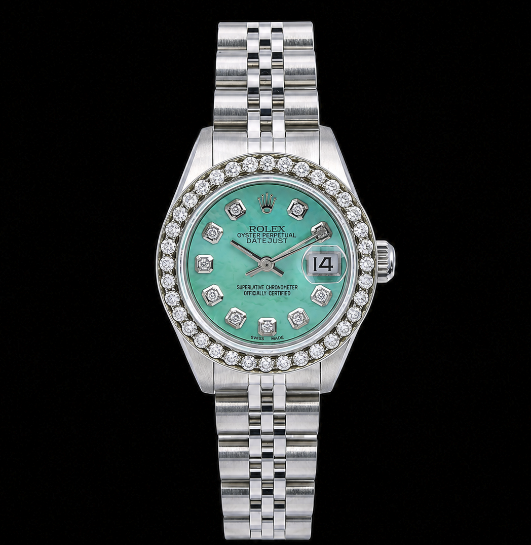 Montre Rolex Datejust 6916 26mm en Acier Inoxydable Cadran Diamants Nacre Turquoise
