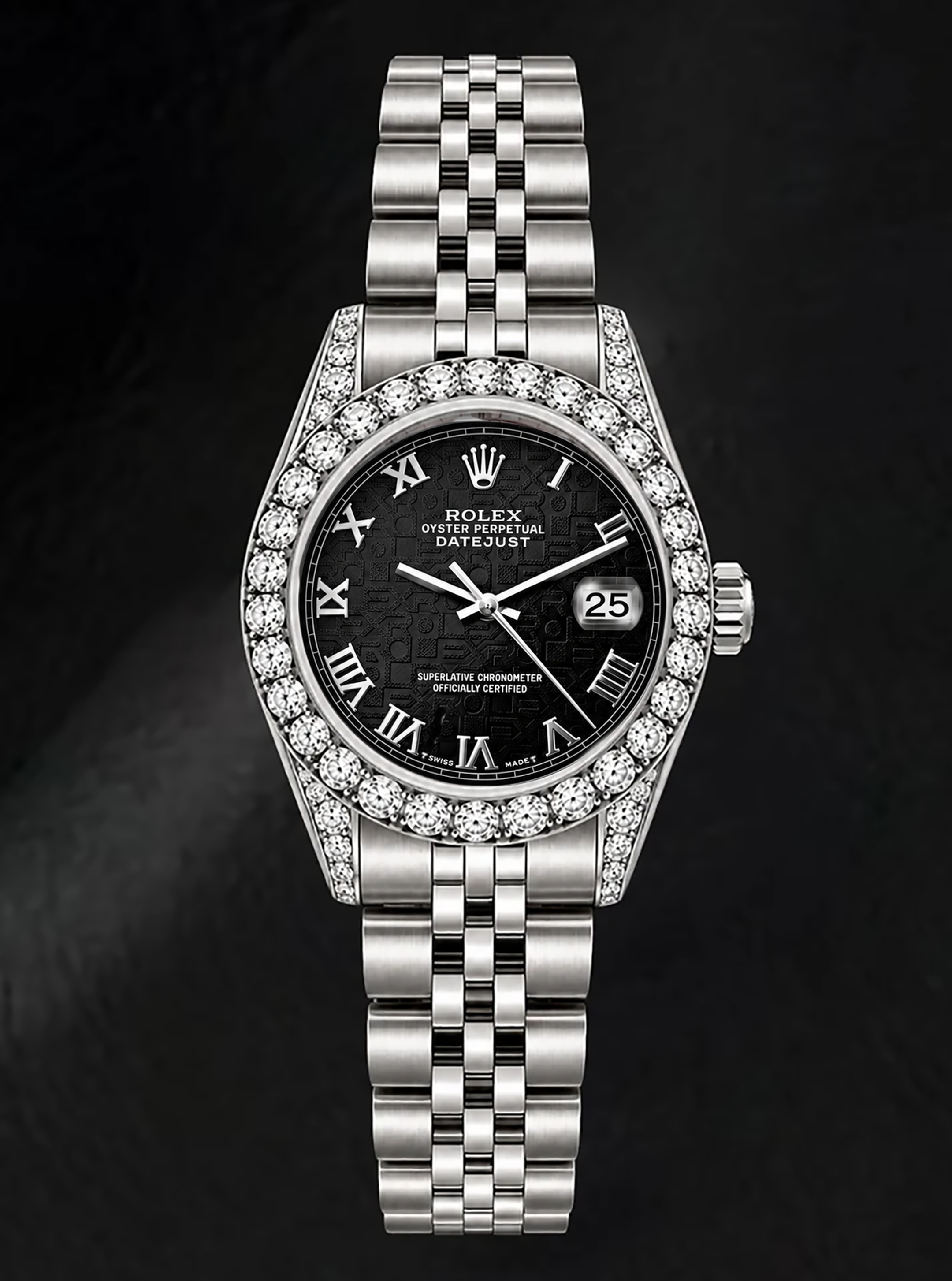 Montre Rolex Datejust 6916 Cadran Noir à Chiffres Romains 26 mm Lunette en Diamants Acier Inoxydable