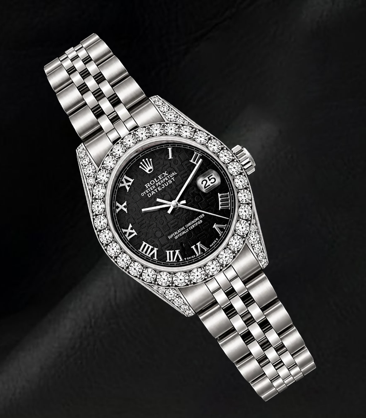 Rolex Datejust 6916 Montre en Acier Inoxydable 26 mm, Cadran Noir à Chiffres Romains, Lunette en Diamants