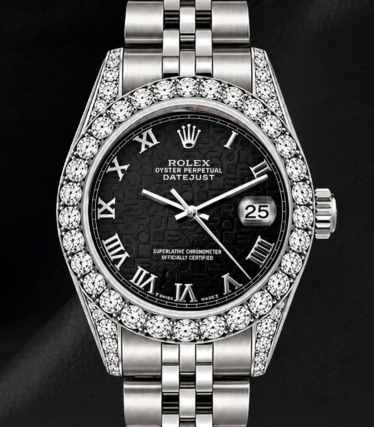 Rolex Datejust 6916 Montre en Acier Inoxydable 26 mm, Cadran Noir à Chiffres Romains, Lunette en Diamants