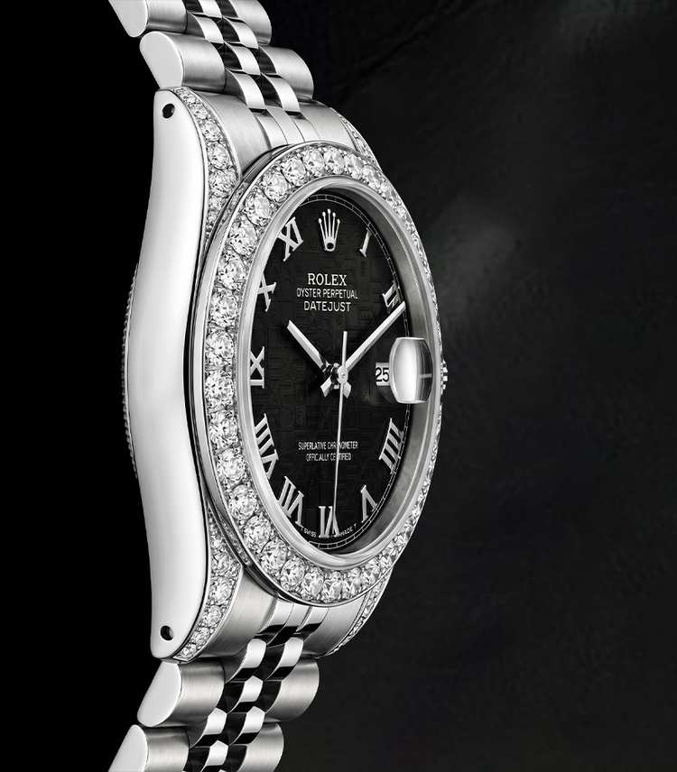 Rolex Datejust 6916 Montre en Acier Inoxydable 26 mm, Cadran Noir à Chiffres Romains, Lunette en Diamants