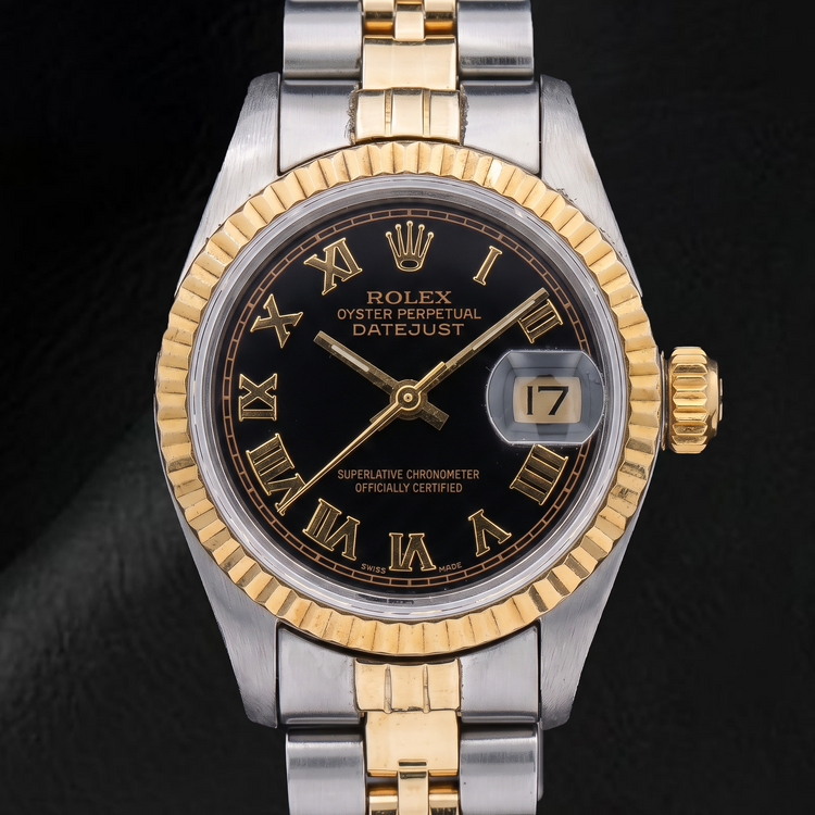 Montre Rolex Datejust 69173 26 mm bicolore cadran noir chiffres romains