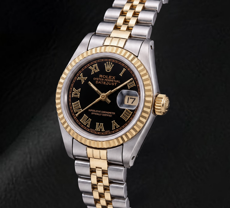 Montre Rolex Datejust 69173 26 mm bicolore cadran noir chiffres romains