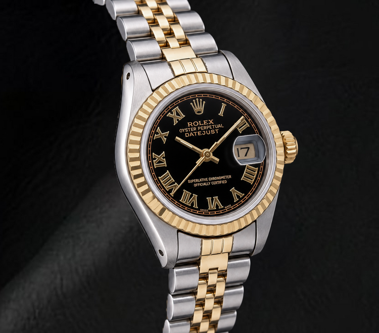 Montre Rolex Datejust 69173 26 mm bicolore cadran noir chiffres romains