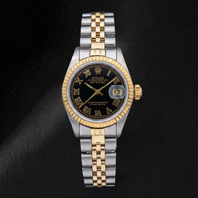 Montre Rolex Datejust 69173 26 mm bicolore cadran noir chiffres romains