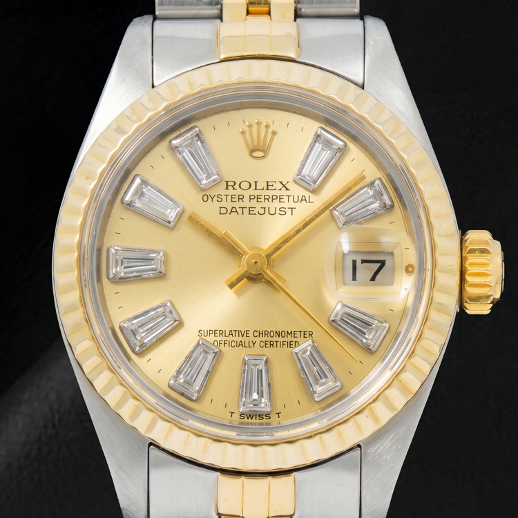 Montre Rolex Datejust 69173 26 mm Bicolore Cadran Champagne Diamants Baguette