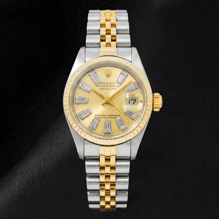 Montre Rolex Datejust 69173 26 mm Bicolore Cadran Champagne Diamants Baguette