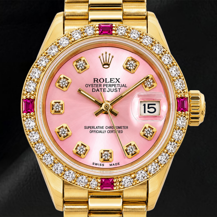 Montre Rolex Datejust 69178 26 mm Cadran Diamants Rose Or Jaune Bracelet President