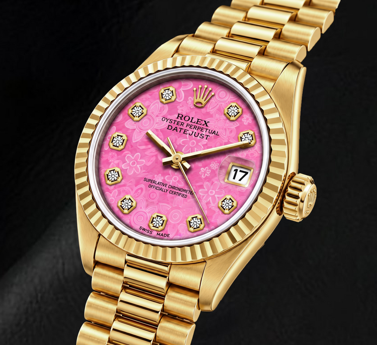 Montre Rolex Datejust 69178 26 mm Or Jaune Cadran Diamants Floral Rose