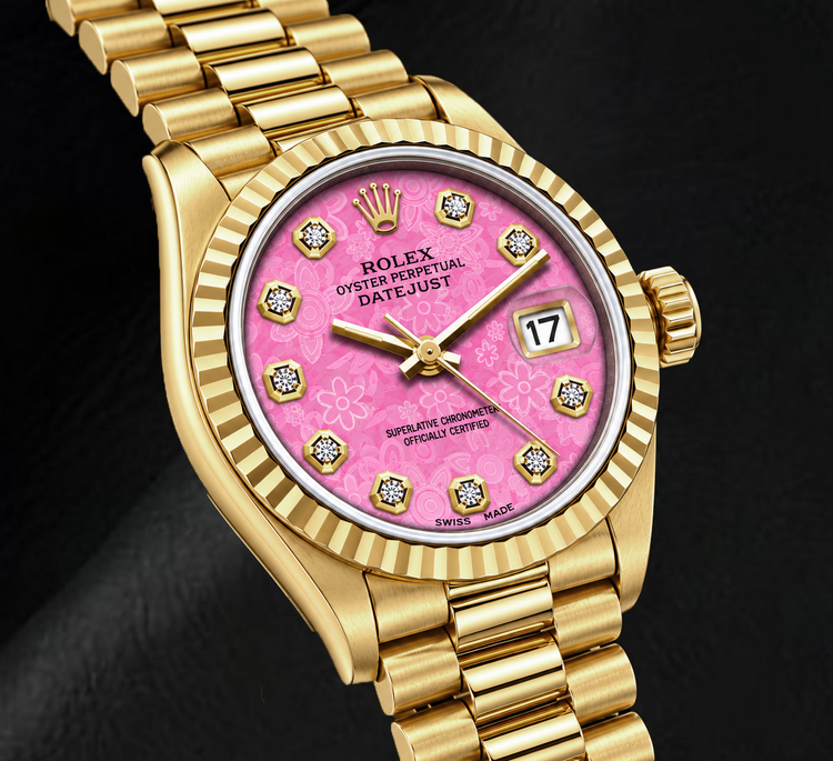 Montre Rolex Datejust 69178 26 mm Or Jaune Cadran Diamants Floral Rose